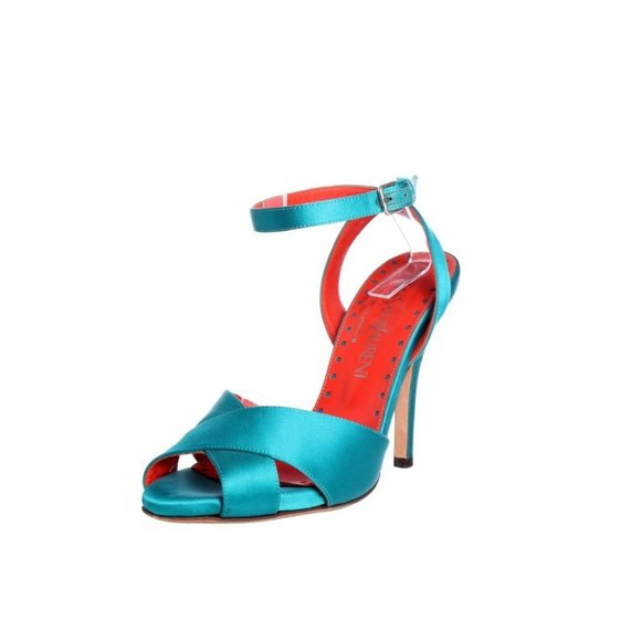 YSL YVES SAINT LAURENT Turquoise Satin Platform Sandals SHW Buckles - US 8